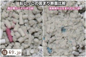 飛び散らニャいネコ砂と消臭剤から生まれたねこ砂の断面比較